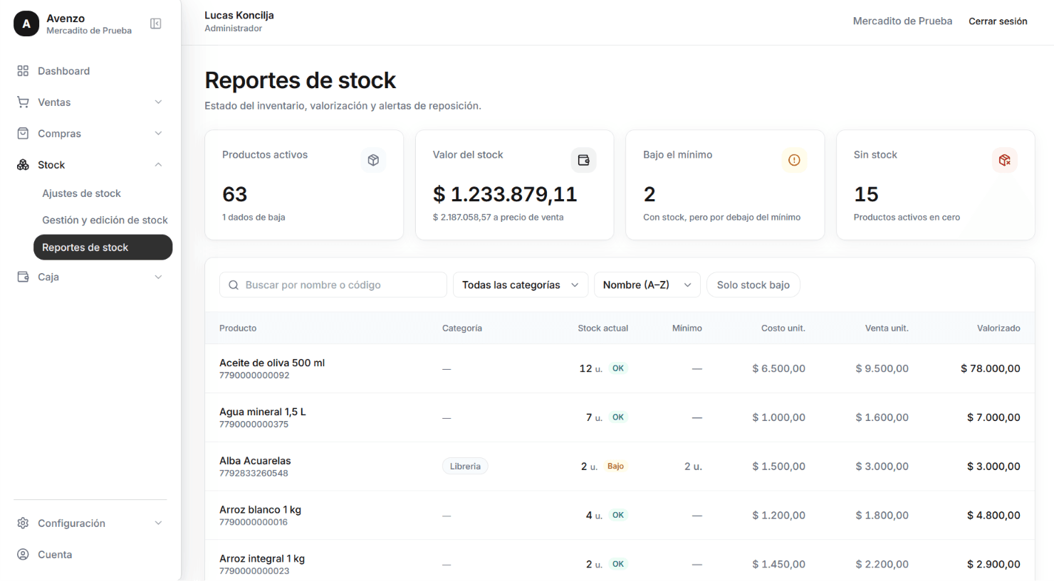 Pantalla de Reporte de stock en Avenzo